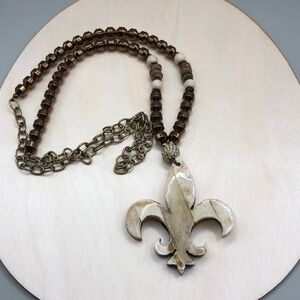 Statement style fleur de lis bone pendant chain metal long necklace-statement.